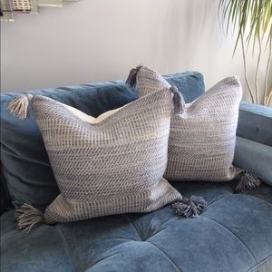 TWO 20 x 20 Blue Woven Tassel Pillow Covers